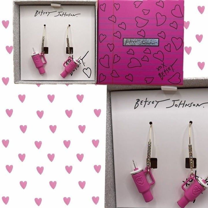 Betsey Johnson Pink Logo Pave Stanley Straw Cup Shepherd Hook Dangle Earrings