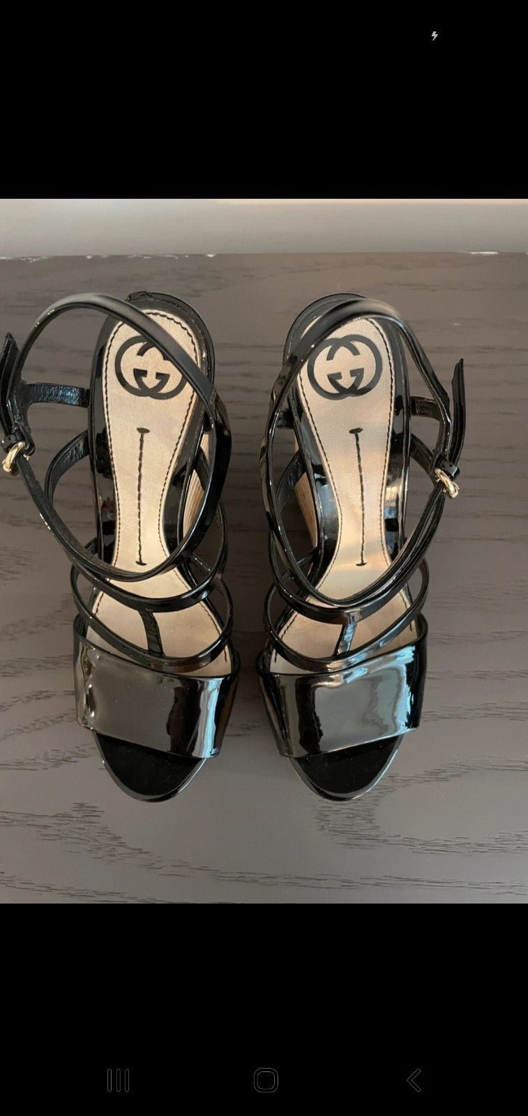 Authentic GUCCI Black Patent Leather Eilin Cork Wedge T-Strap Sandal