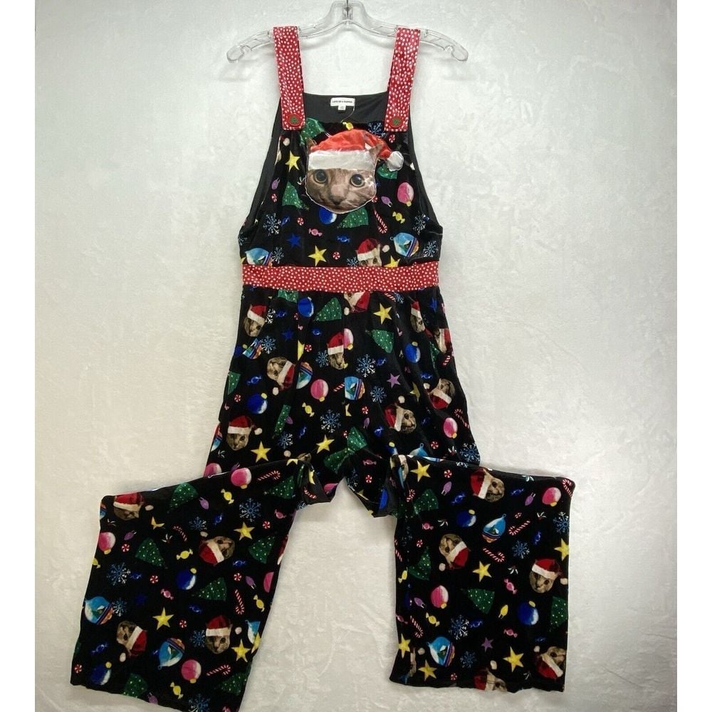 Love On A Hanger Overalls Women's Medium Black Christmas Kitty Cat Velour