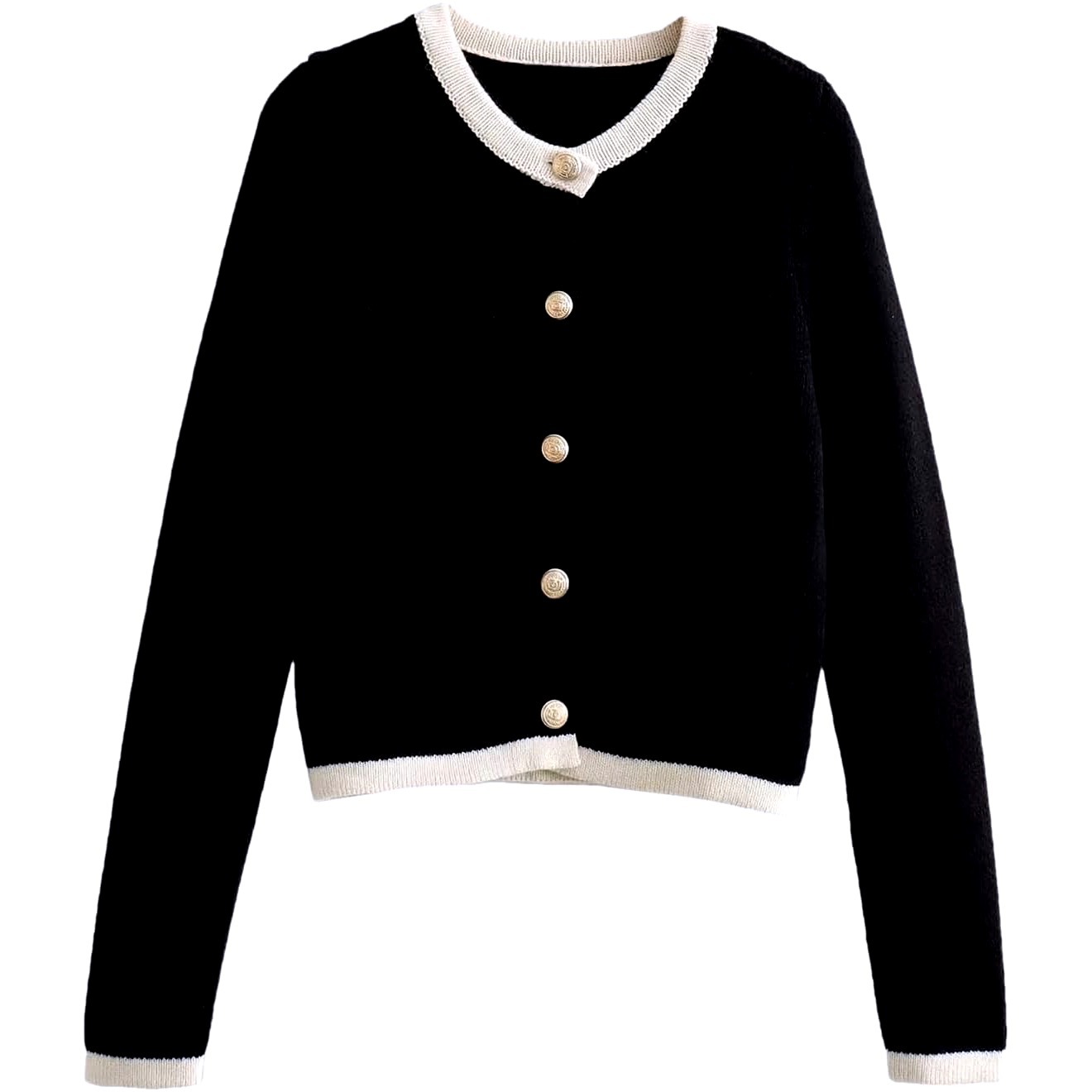 Commense Cardigan Sweater Knit Button Front Black White Trim Small