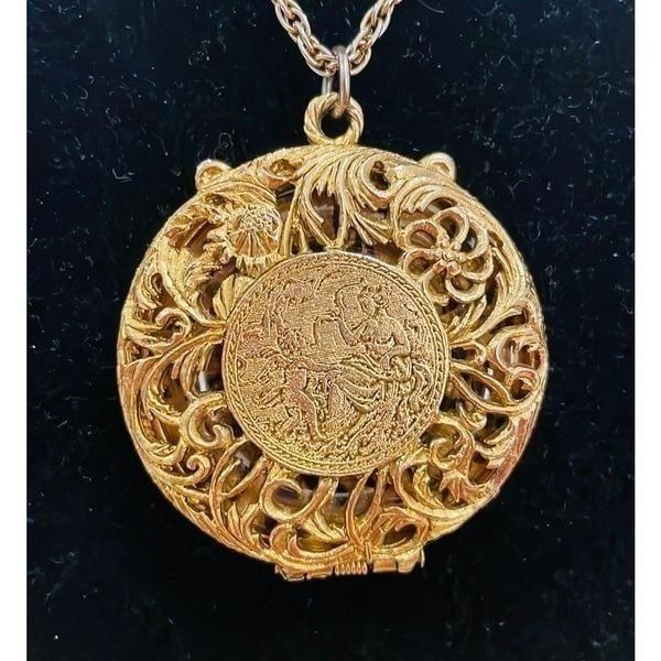 Vintage Corday Gold Tone Scrolled Perfume Locket and Chain Pendant Necklace