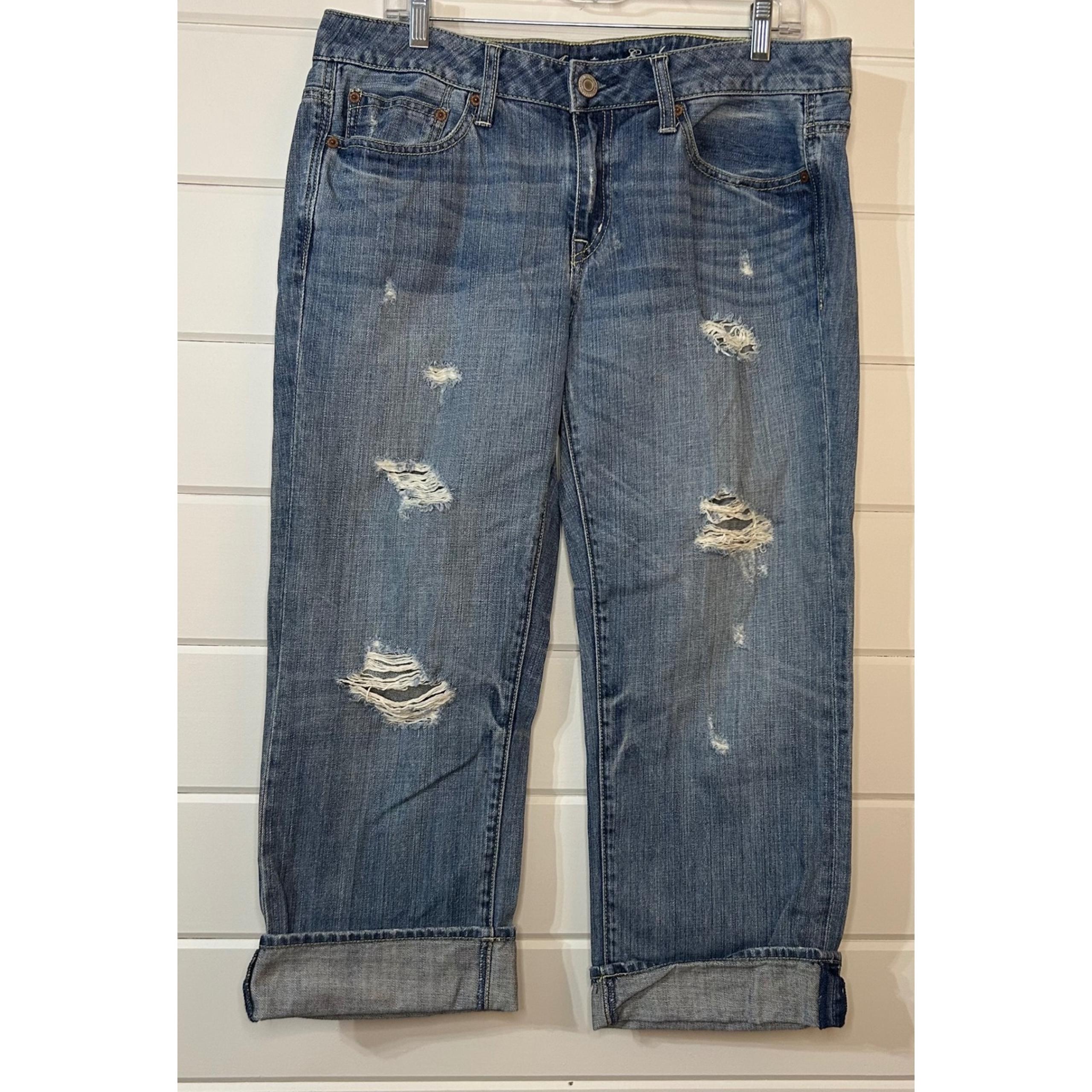 American Eagle Women's Sz 10 Boy Fit Denim Cropped Medum Wash Jeans Distressed
