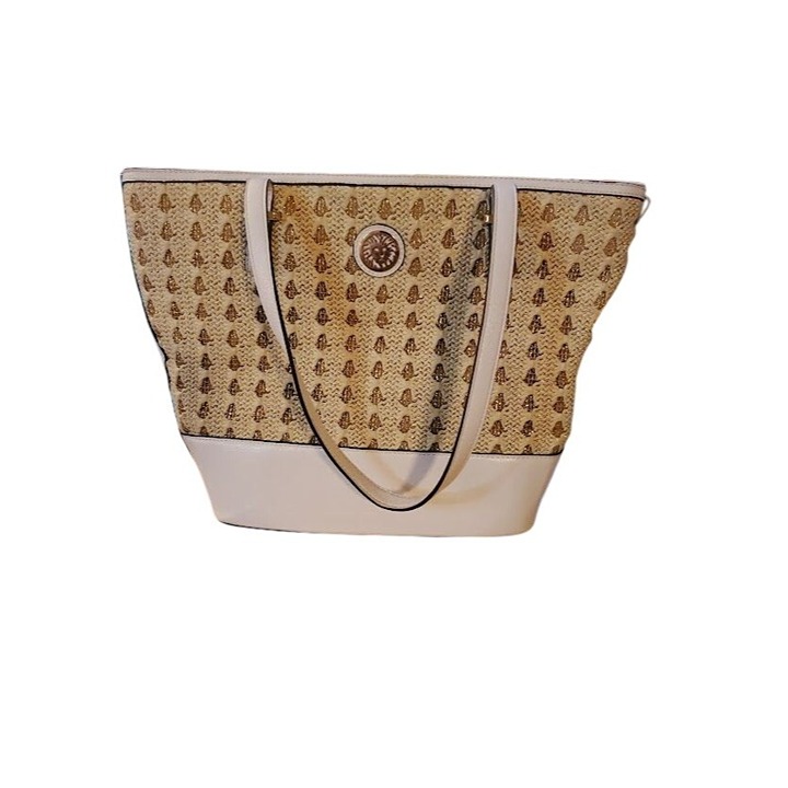 Anne Klein Woven Tote Bag Beige & White With Polka Dot Lining Magnetic Closure