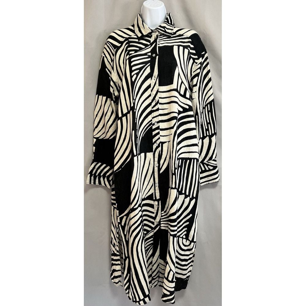H&M Dress Size Small Black White Midi 100% Linen Abstract Print Shirt Relaxed