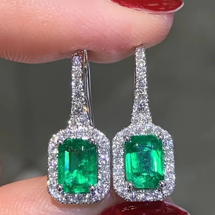 925 Silver Hanging Drop 2ct Green Emerald Gemstone 1ct Diamond Earrings Jewelry