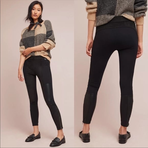Anthropologie Women's Faux Leather Suede Paneled Moto Leggings Ankle Zip Blk 27