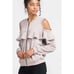 Lush Ruffle Cold Shoulder Zip Up Taupe Sweatshirt Top