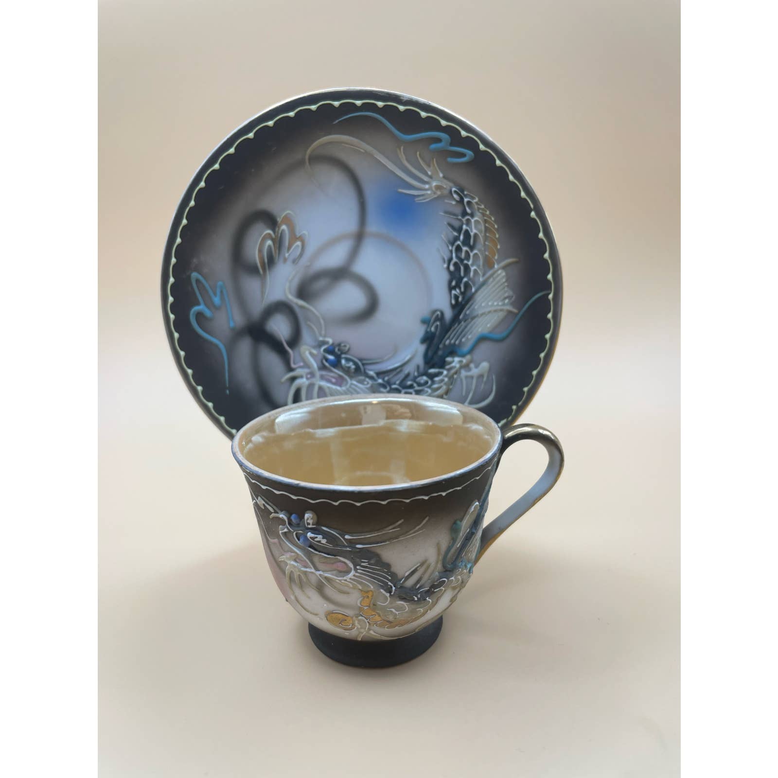 Vintage Moriage Lithophine Dragonware Tea cups and Saucers