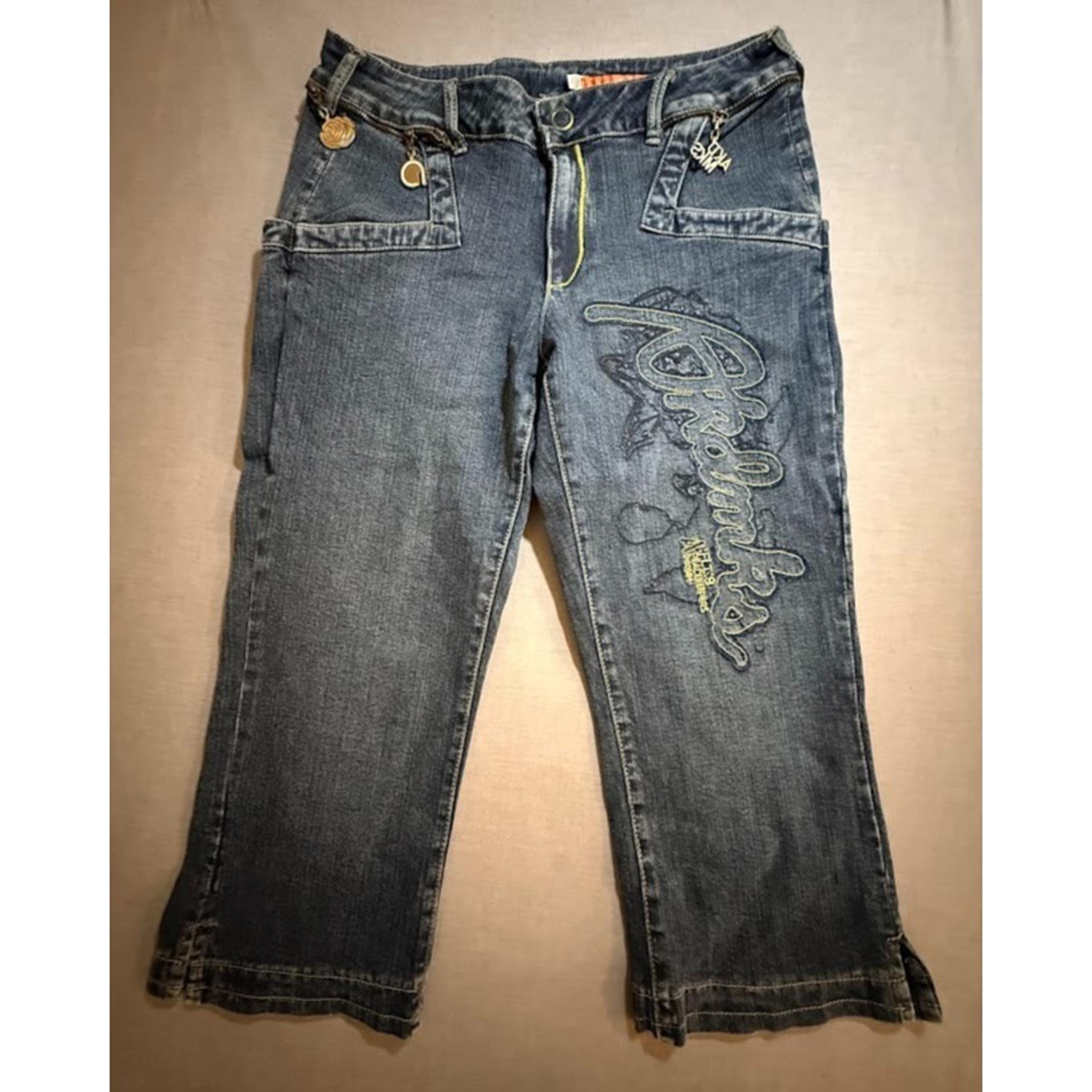 AKDMKS Akademiks Embroidered Capri Jeans Womens 32x22 Blue Denim Pocketed Y2K.