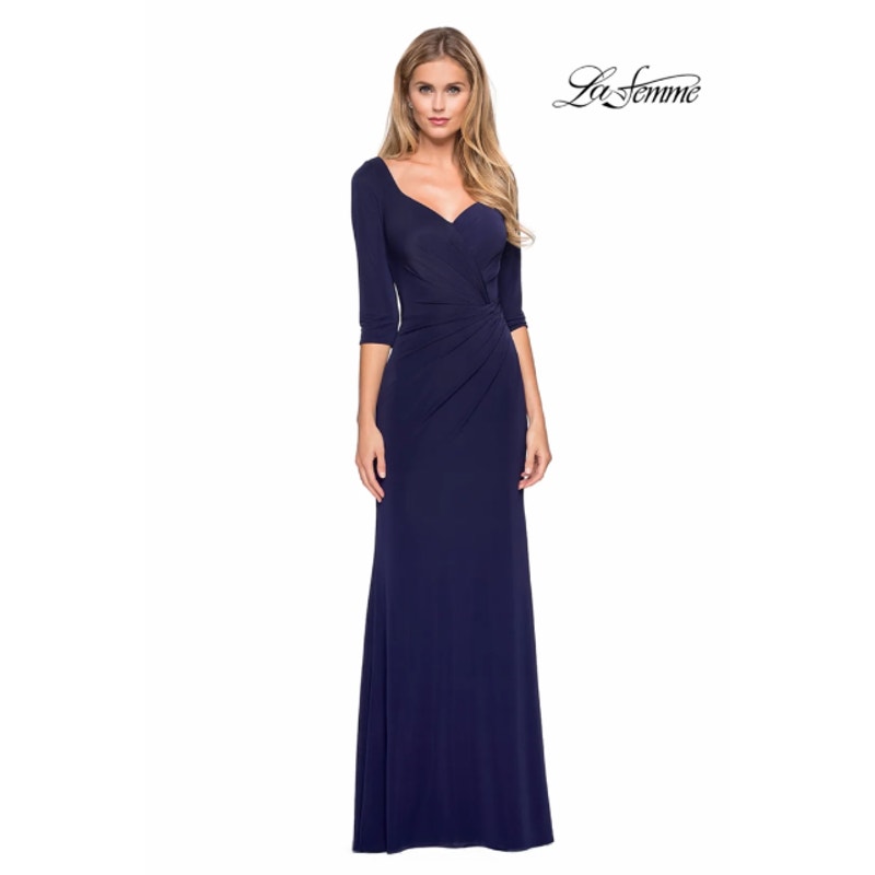 LA FEMME 26955 Long Jersey Dress 6 Navy Blue Sweetheart Neckline 3/4 Sleeve NWOT