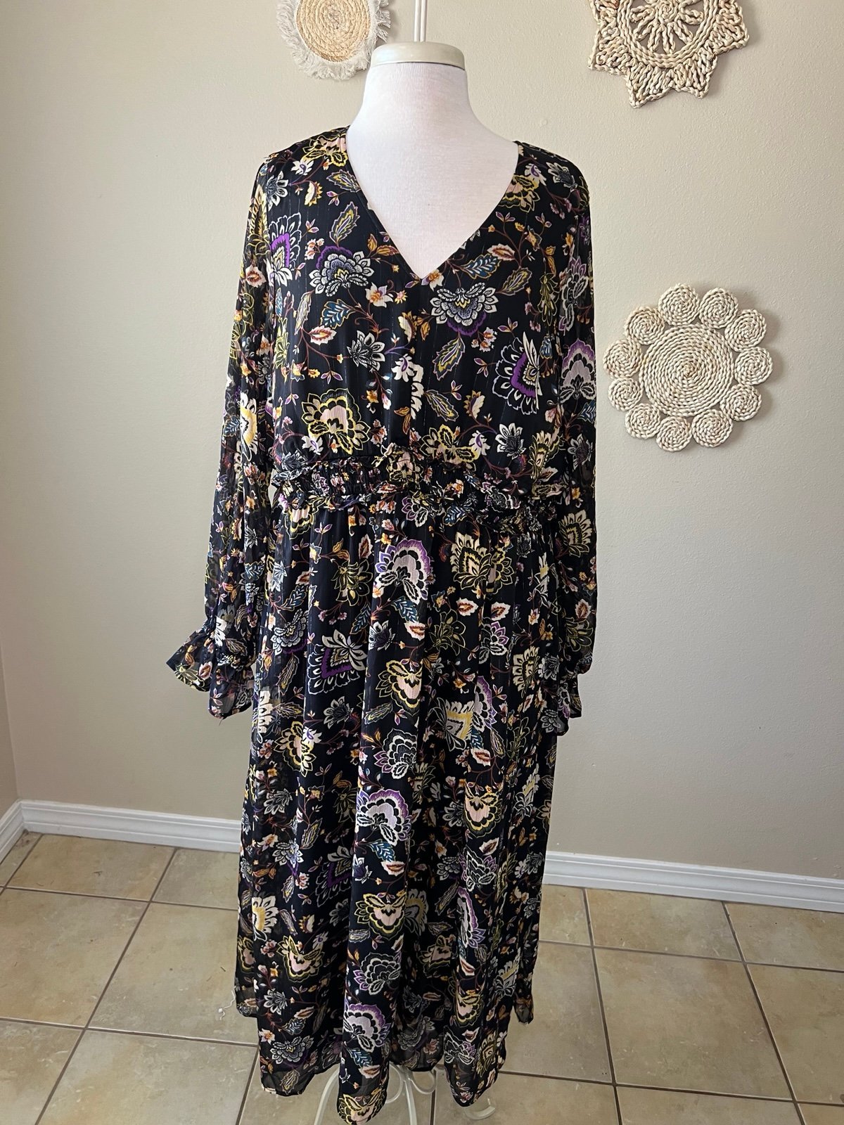 Torrid Chiffon Lurex V Neck Tiered Maxi Floral Black Dress Womens 1X