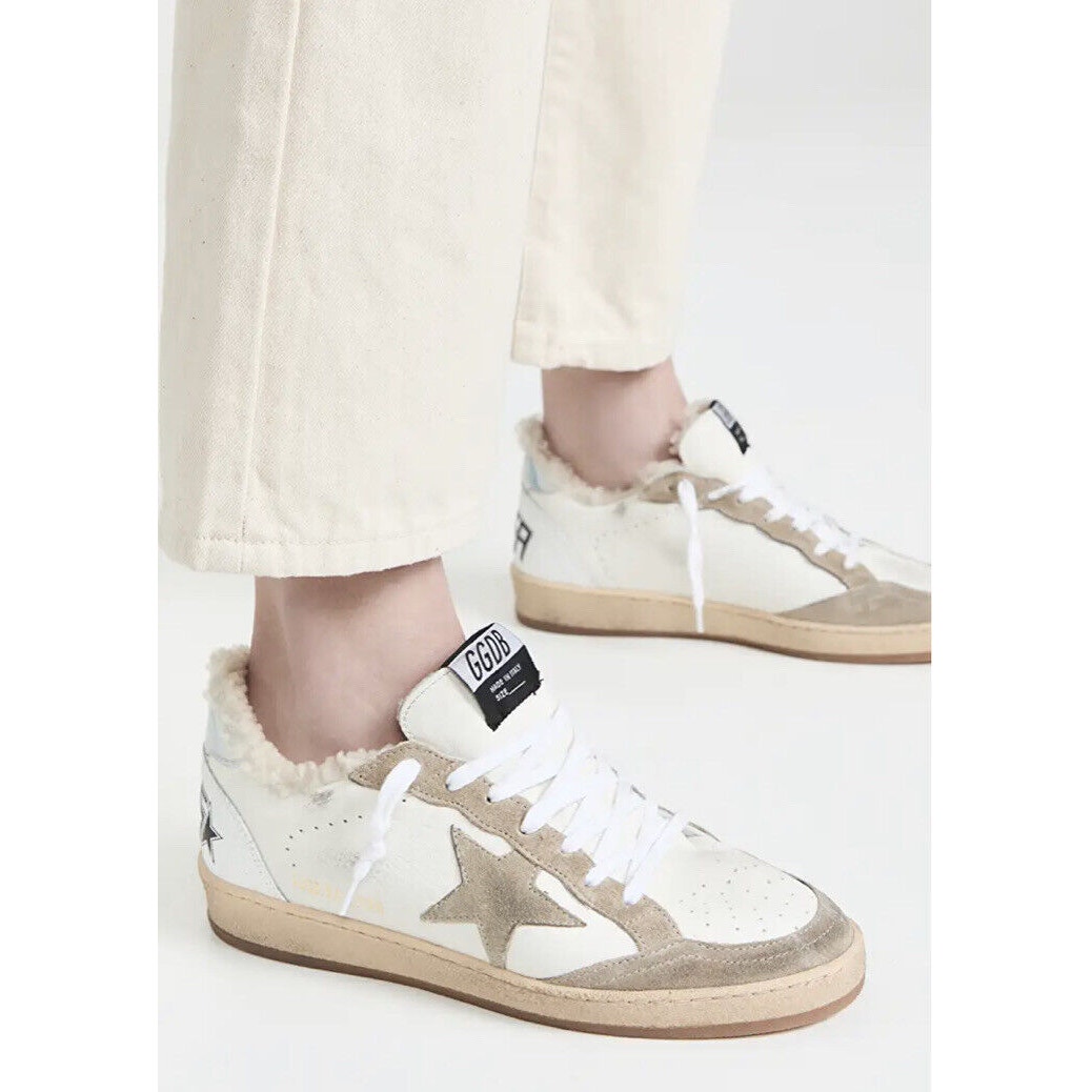 Golden Goose Ballstar Shearling Sneakers Low Top White Beige Leather Sz 38 / 8