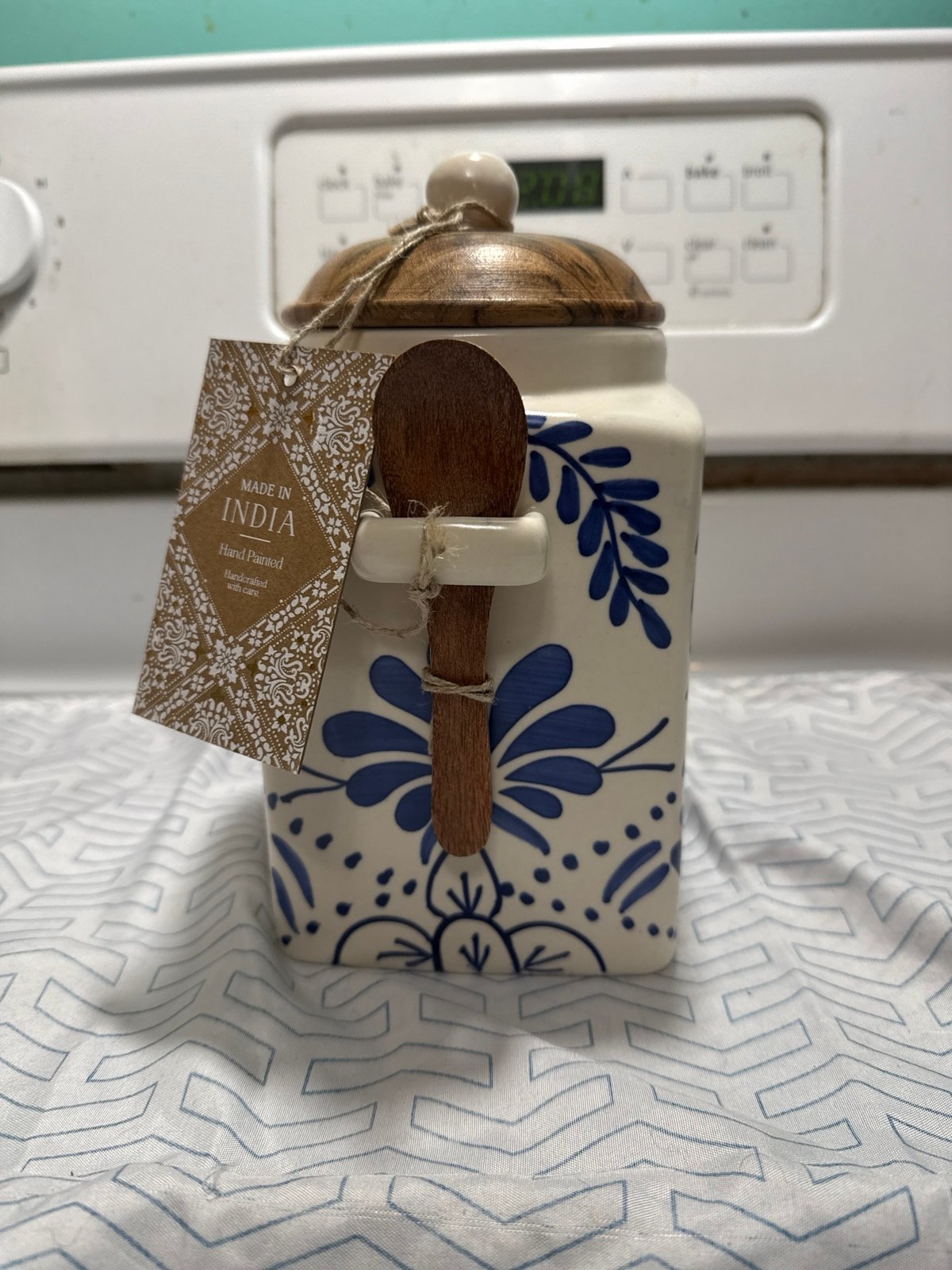 Made in India, blue floral leaf kitchen canister with spoon
