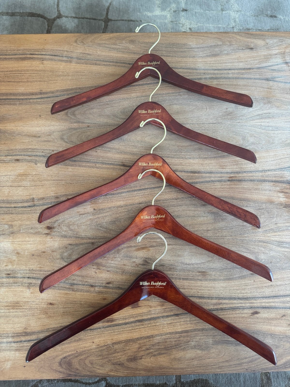 Vintage Wilkes Bashford San Francisco Brown Gold Wooden Hangers, Lot Bundle 5