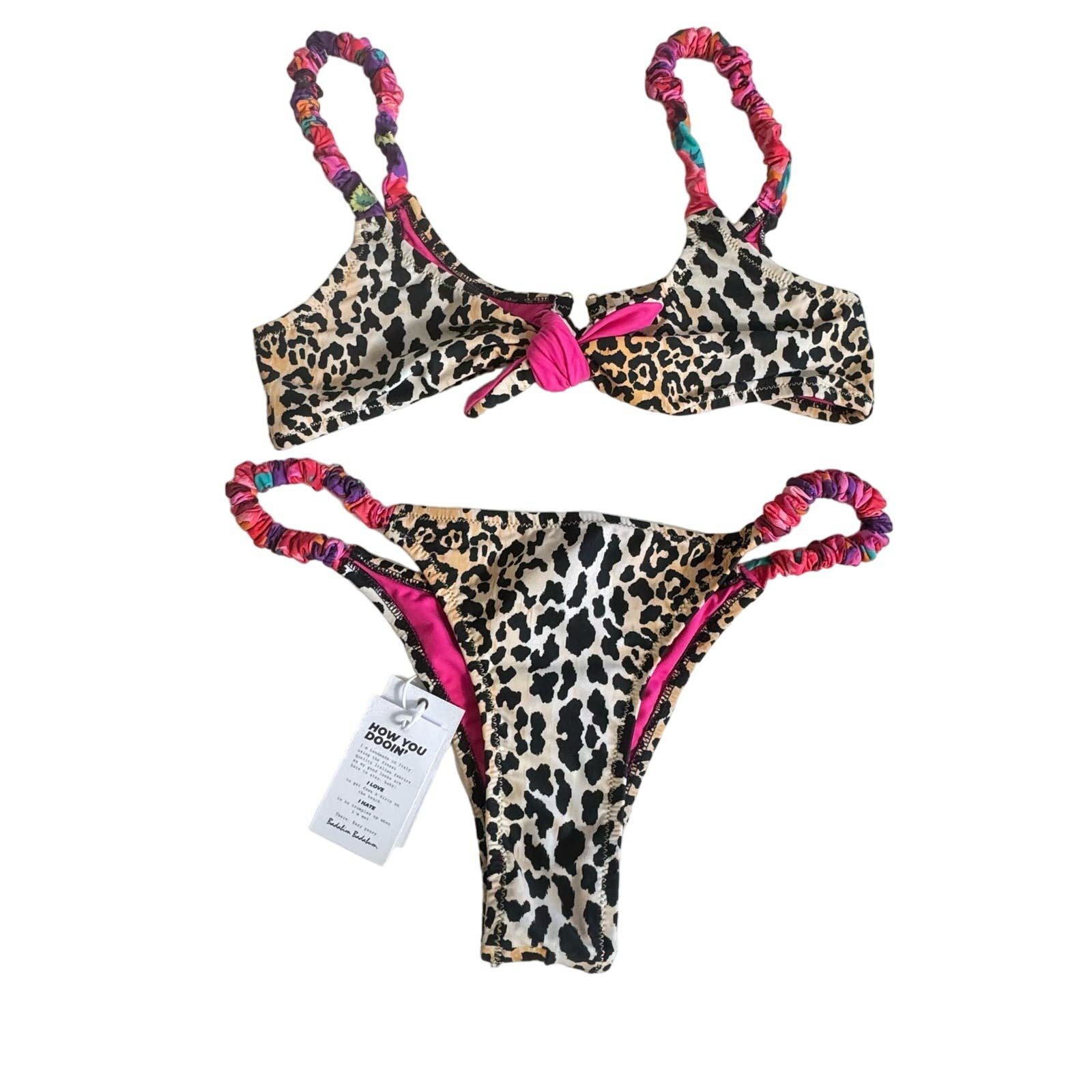 Reina Olga Bikini Two Piece Leopard Hot Pink Tie Front Size Small