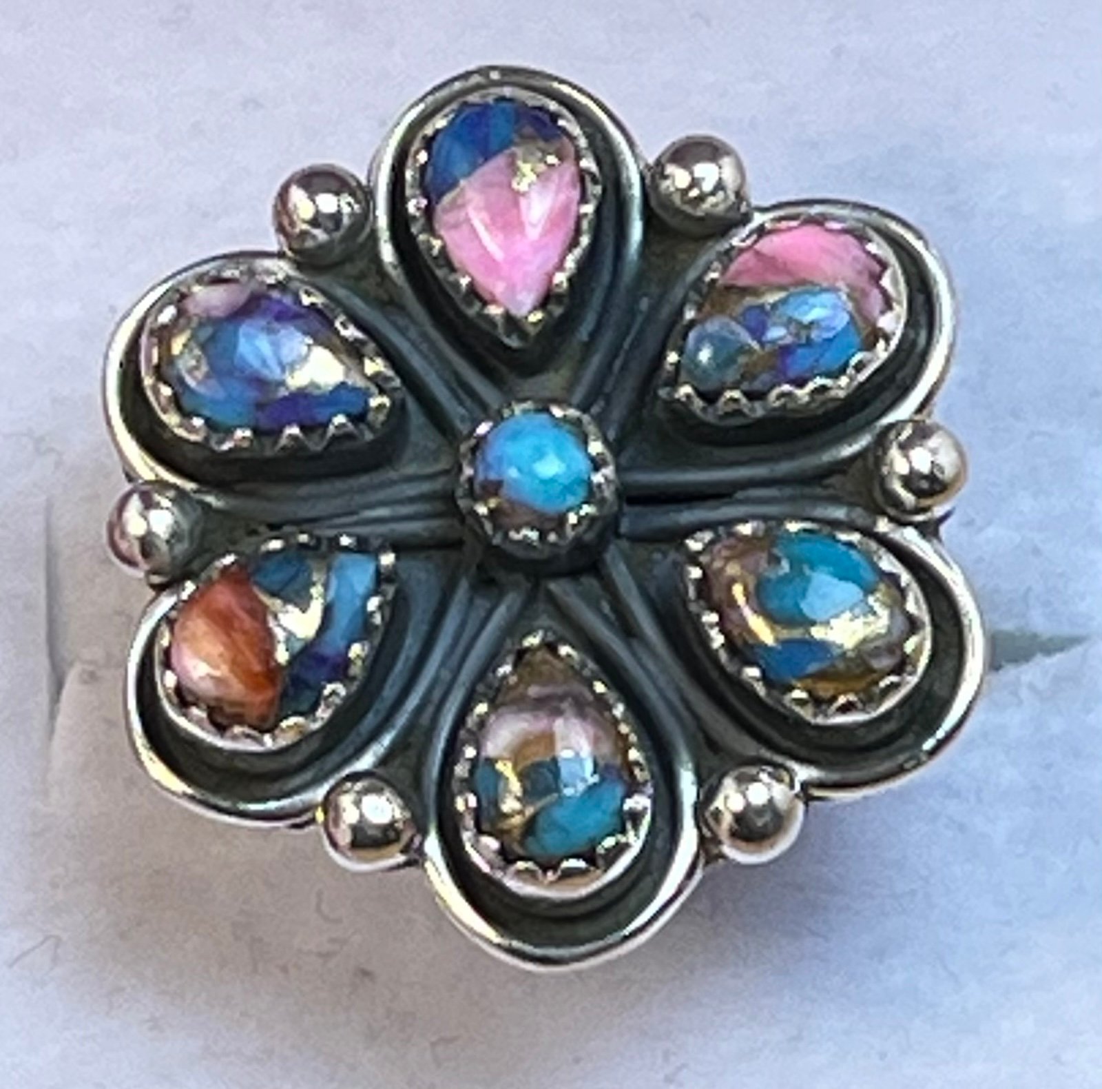 Pink Dahlia Cluster Flower Sterling Silver Size 8 Ring