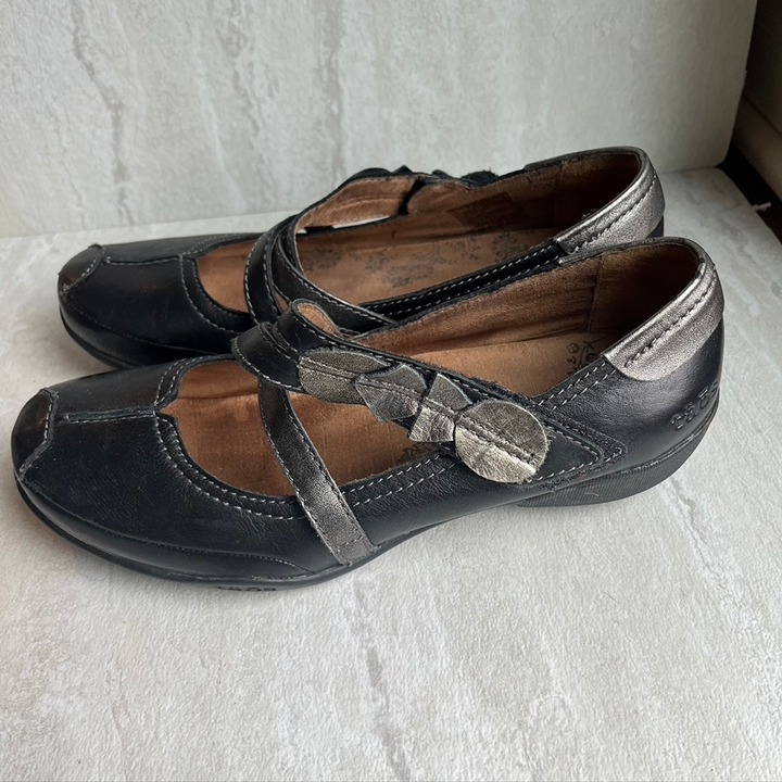 Taos jigsaw Mary Janes black pewter shape leather shoes size 8