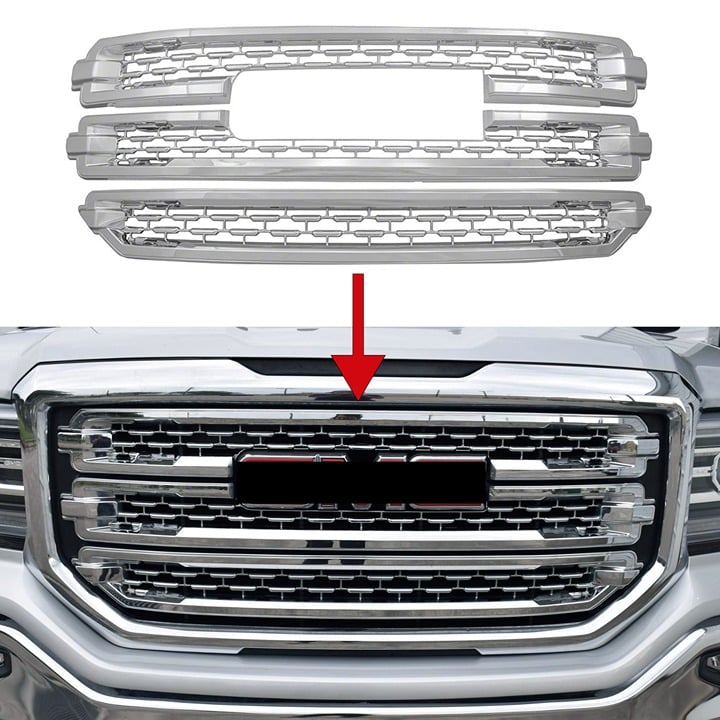 Chrome Grille Grill Overlay Insert Mesh 3PC FOR 2016-2018 GMC Sierra 1500 SLT