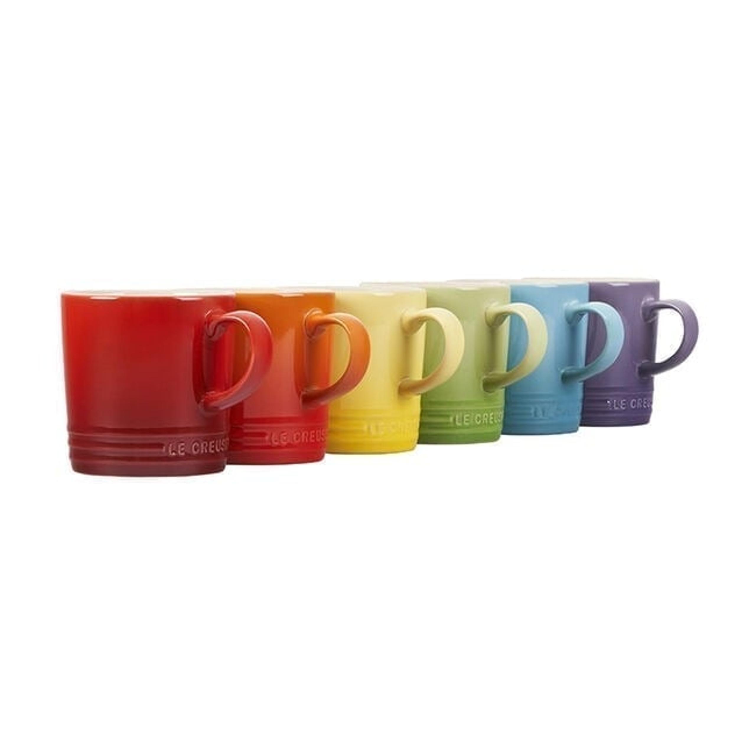 Le Creuset Stoneware Rainbow Multicolor Set of 6 London Coffee Mugs 12 oz NEW