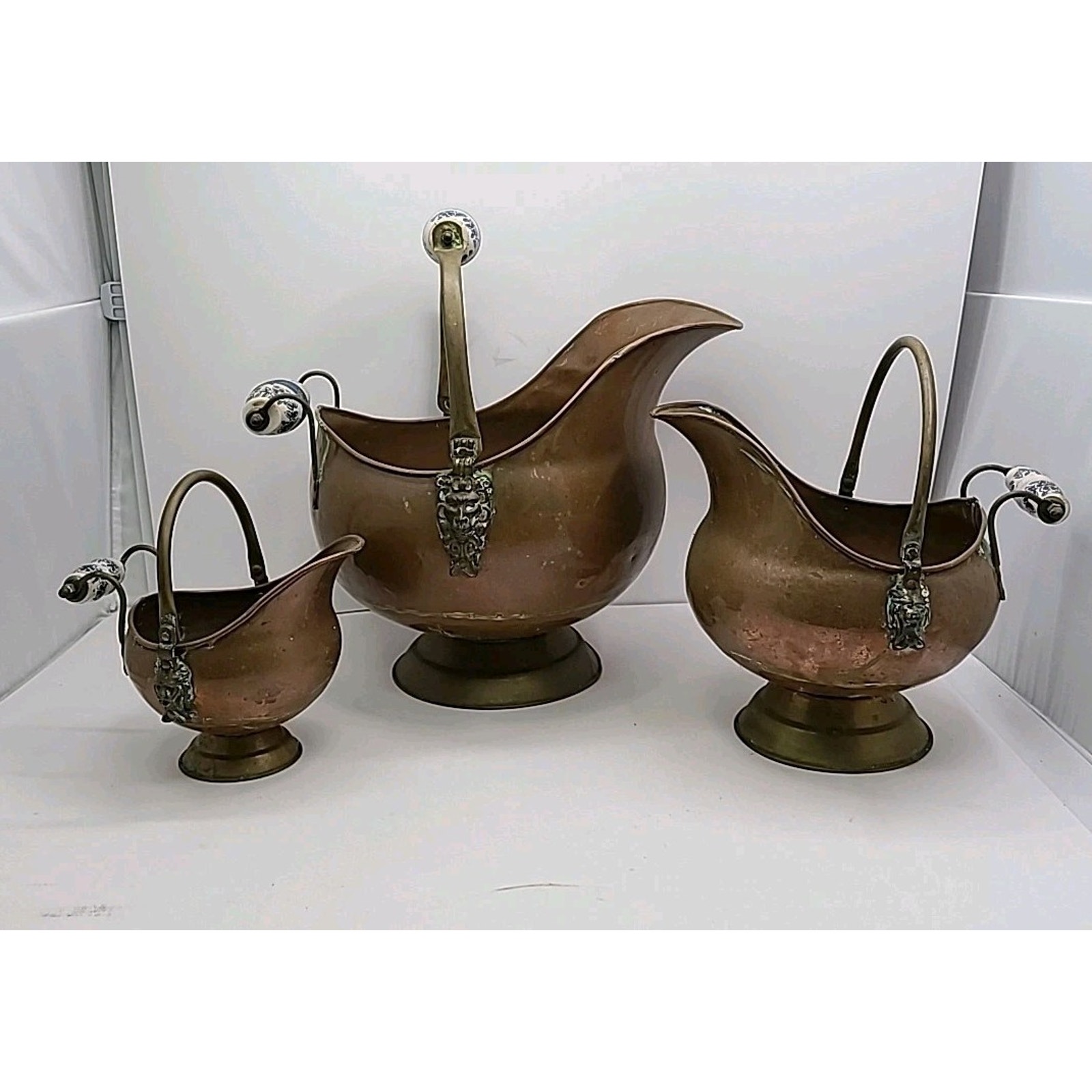 Vtg Copper Brass Coal Scuttle Bucket Lion Head Ceramic Handles Nesting Set Of 3