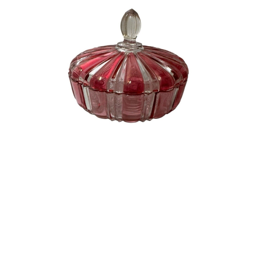 Vintage Anchor Hocking Candy Dish Old Cafe Striped Cranberry Glass with Lid