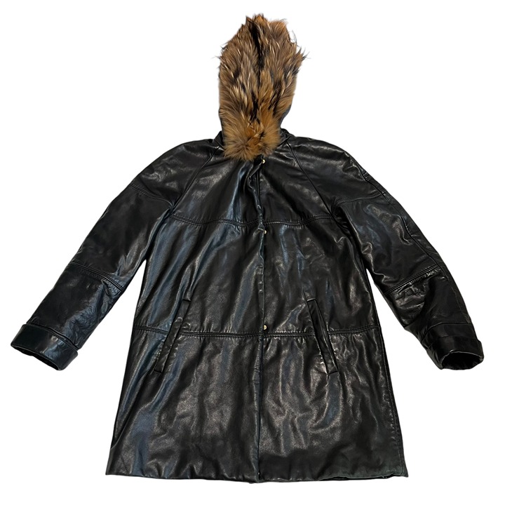 LNR La Nouvelle Renaissance Leather Parka coat womens XS black leather fur hood
