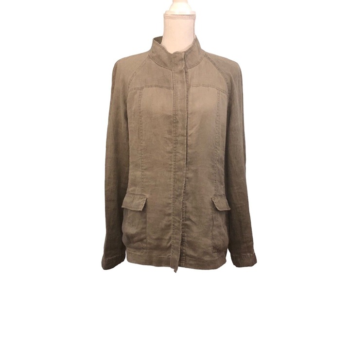 EILEEN FISHER Sz L Women's Grayish/Green 100% Linen Lightweight Button Up Jacket