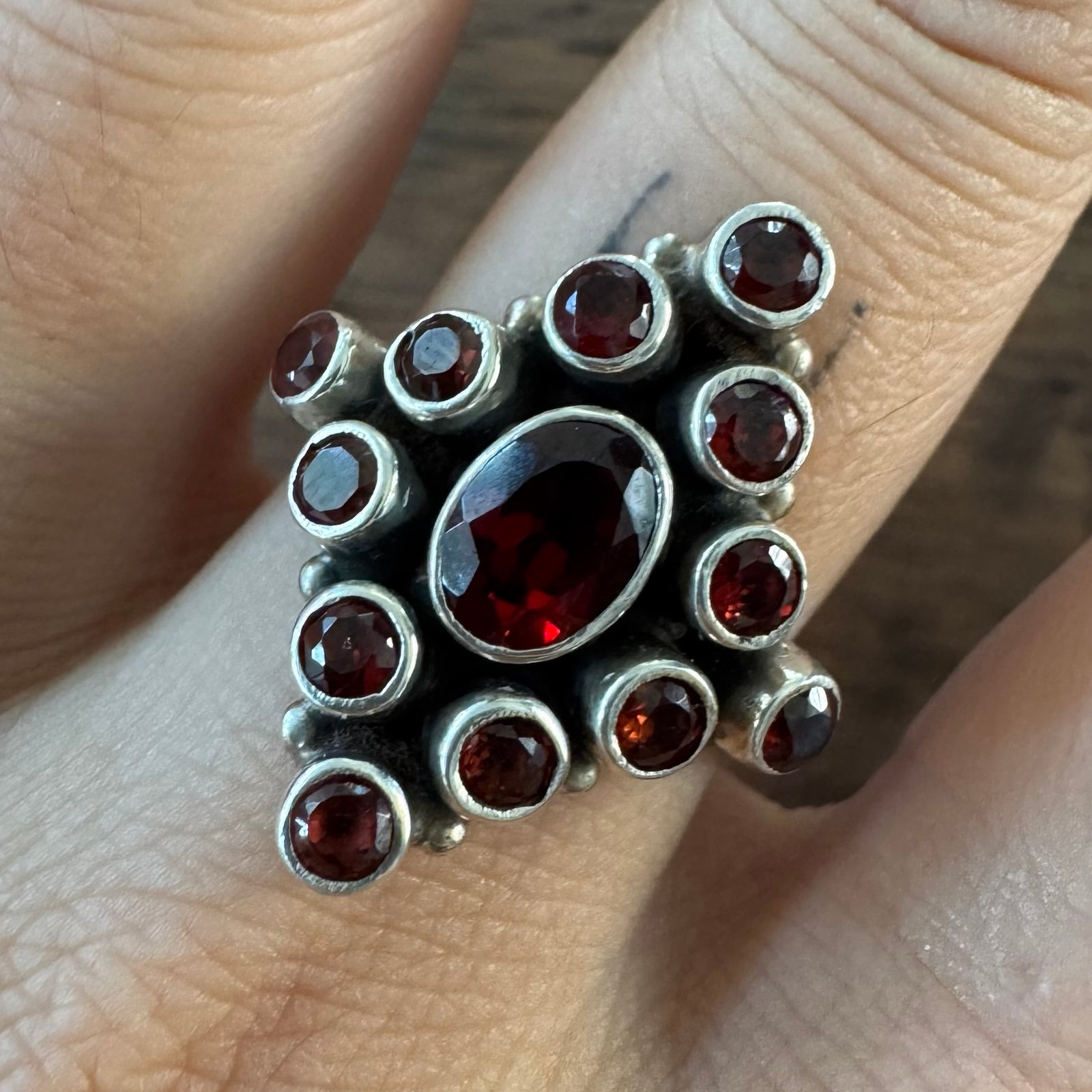 Vintage Garnet Cluster Statement Ring 925 Sterling Silver