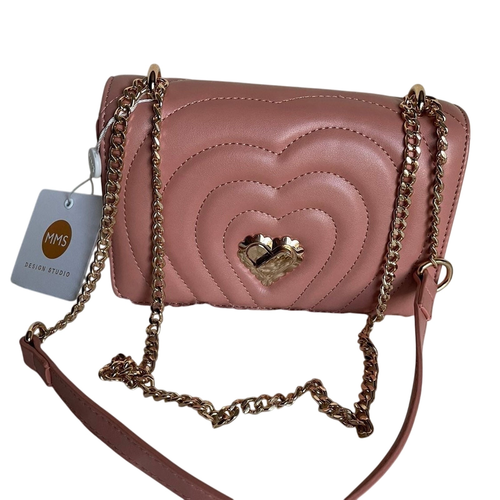 New “MMS” Full Front Flap Purse Crossbody Blush HEARTS Silver Chain Beautiful
