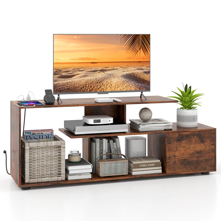 60 TV Stand w/ Charging Station Storage Shelves Industrial Entertainment Center