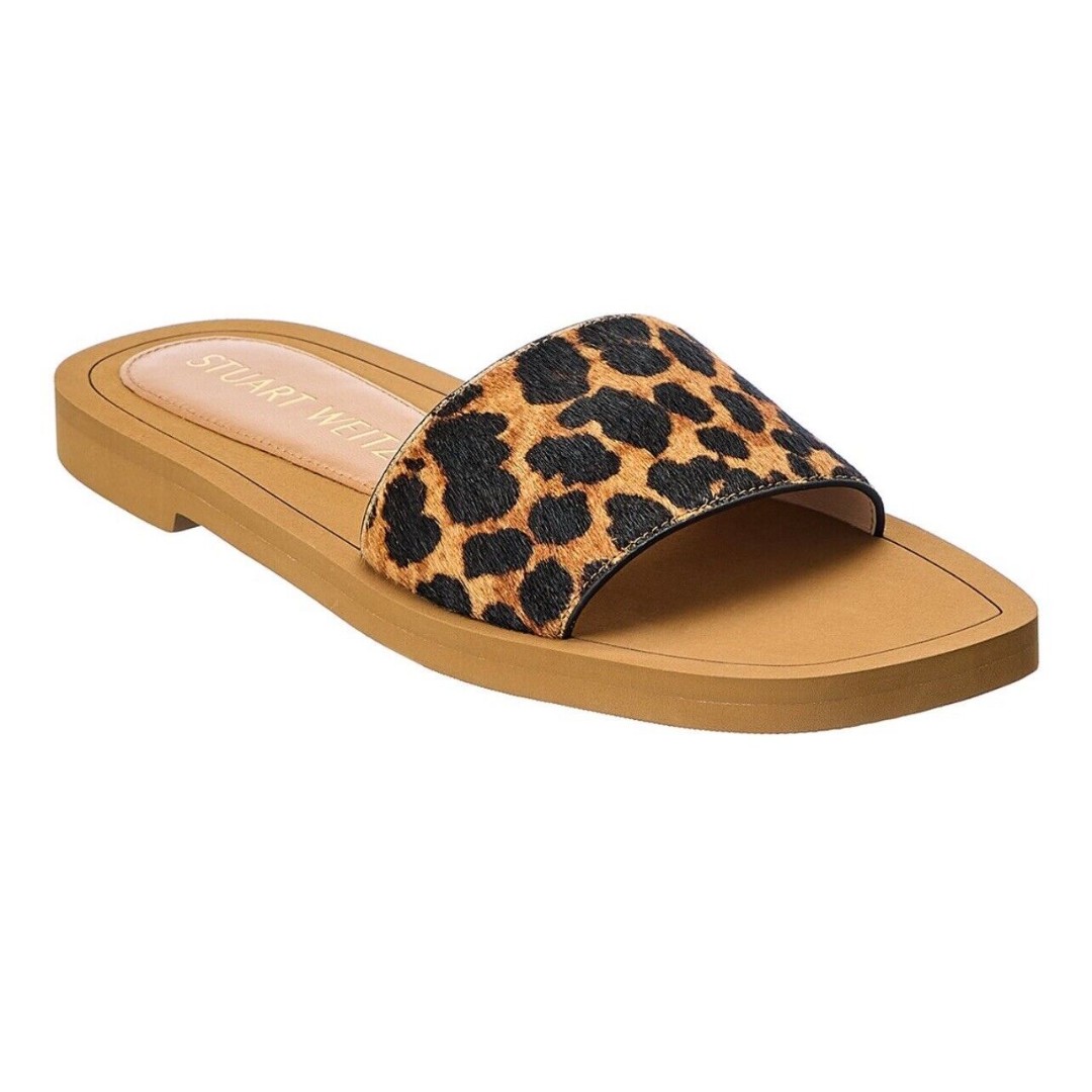 Stuart Weitzman Delilah Leopard Print Calf Hair Sandal Slides Sz 8B New W/O Tag