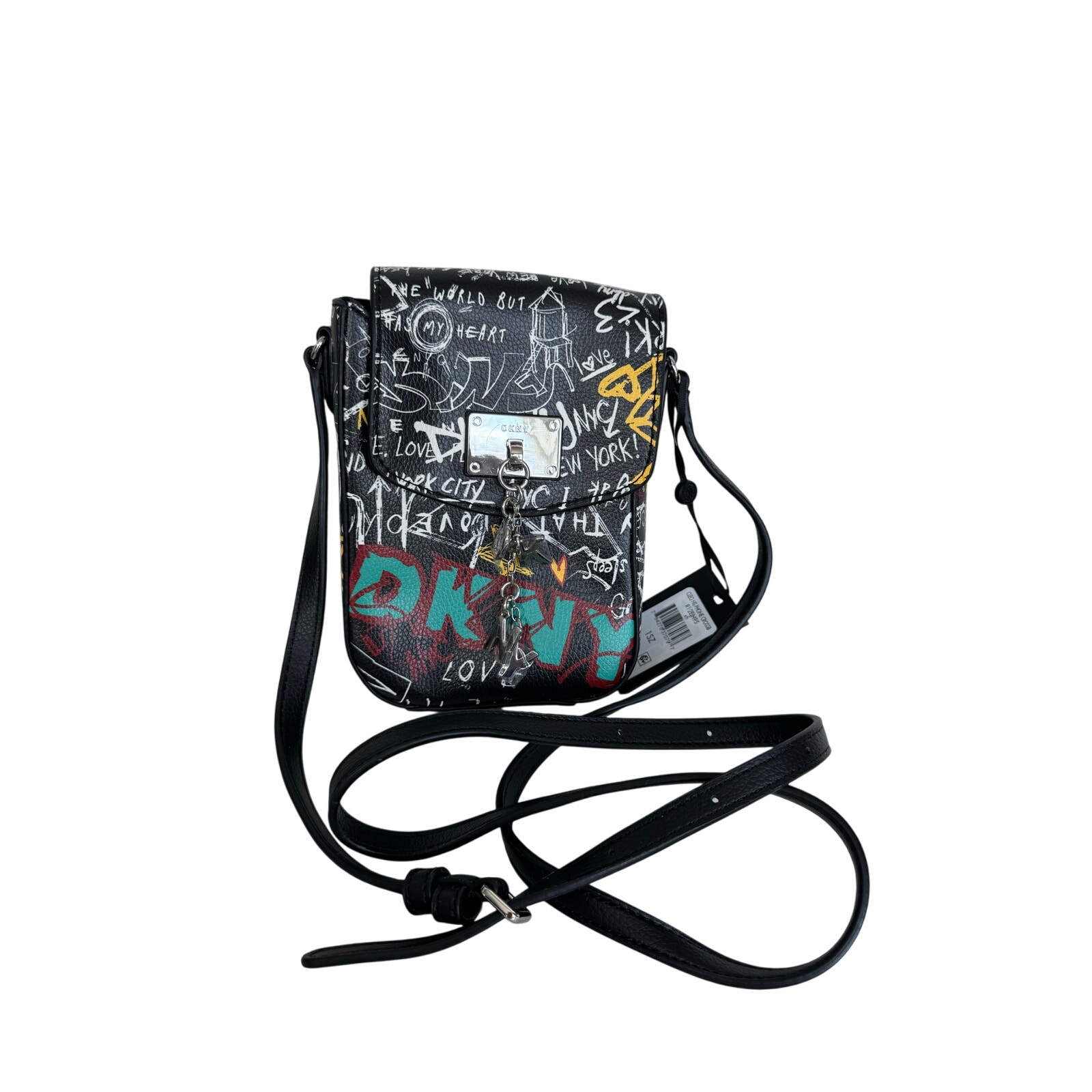 Brand New DKNY Cleo Graffiti Phone Crossbody Leather Charm Cleo NS Phone Purse