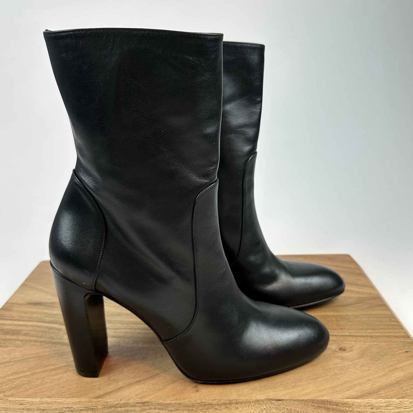 Womens Stuart Weitzman Vida 75 Black Leather Mid Calf Heeled Boots Size 9 B EUC