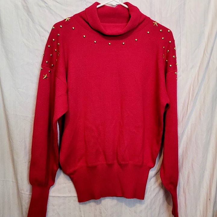 Vintage Ski Sweater Pullover Turtleneck Meister Raspberry Pink Gold Studs Size M