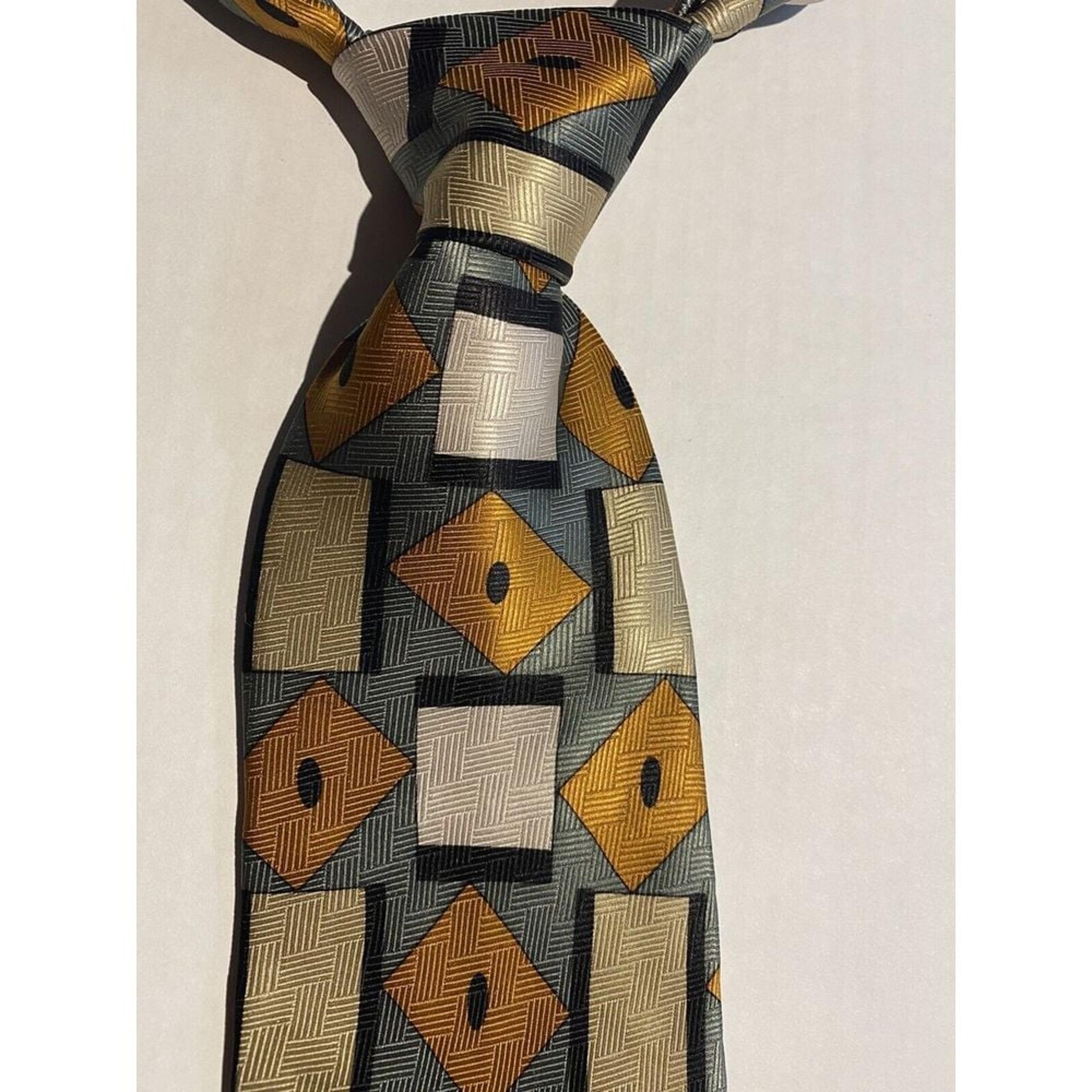 Gold Roberta Collection Mens 100% Silk Tie Made In Italy Geometric Gold/Slvr/Blu