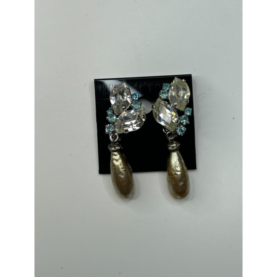Vintage Clear and Blue Stone with Drop Imitation Pearls Earrings