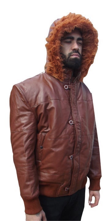 Men Leather Jacket Brown Hooded Puffy XL
