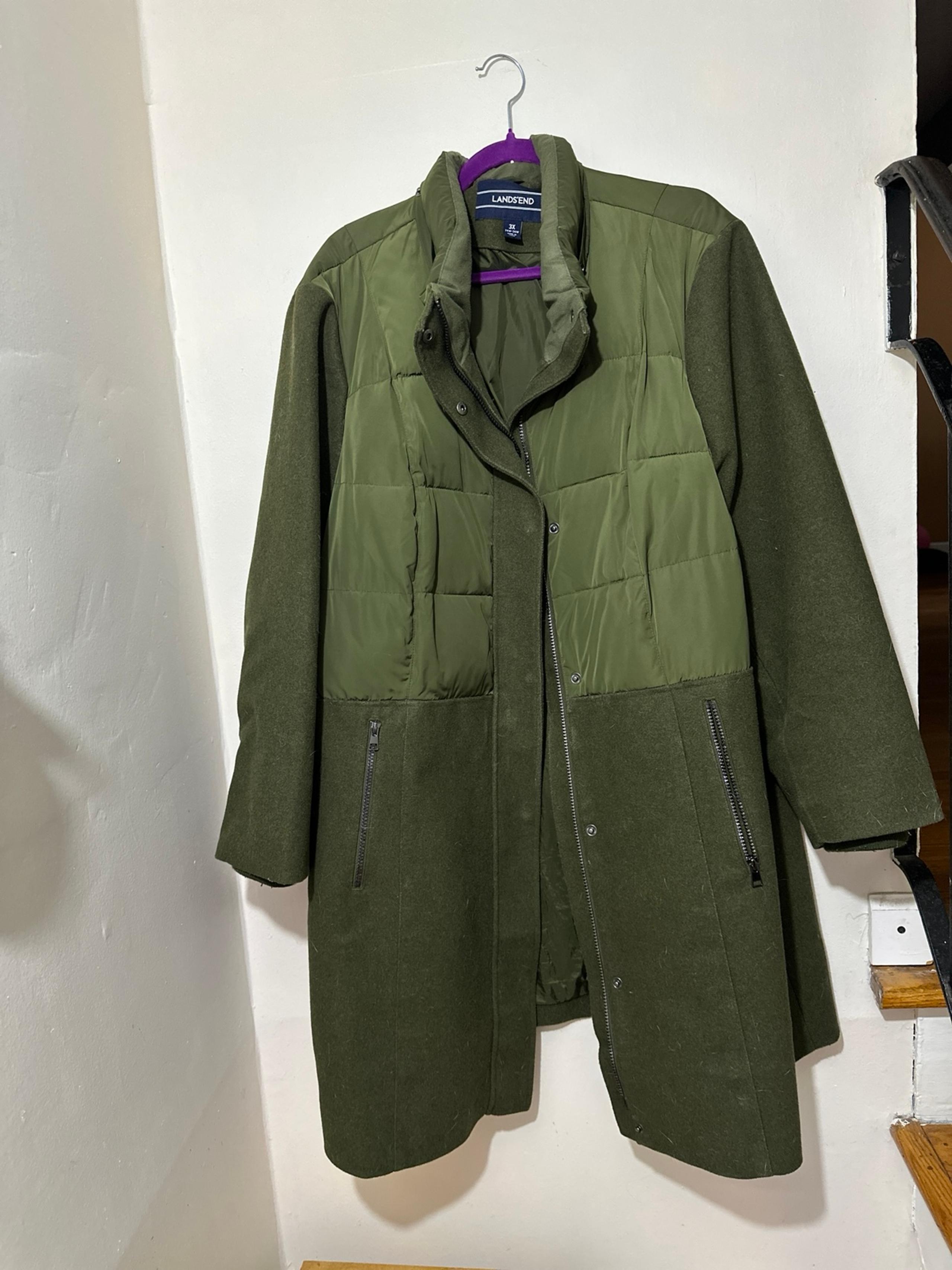Women’s Lands End Green Pea Coat Quilted Long Jacket 3X