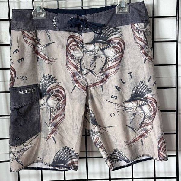 Salt Life Sailfish Glory Perform SLX-QD Swim Boardshort Mens 32 Stone