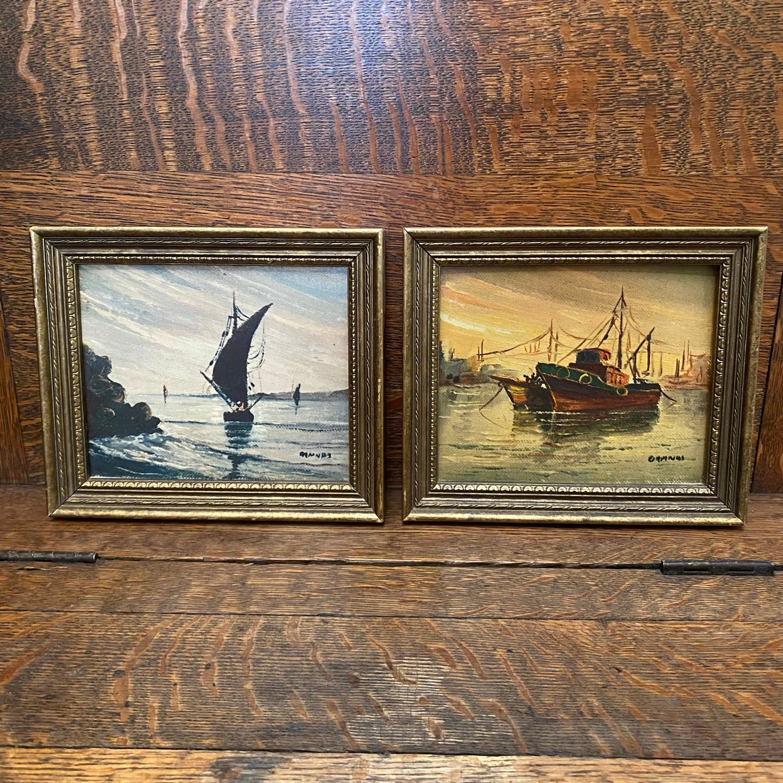 Vtg MCM Set Of 2 Boats Art Prints Framed Marked 7” X 6” Sailboat Ship Tug Boat