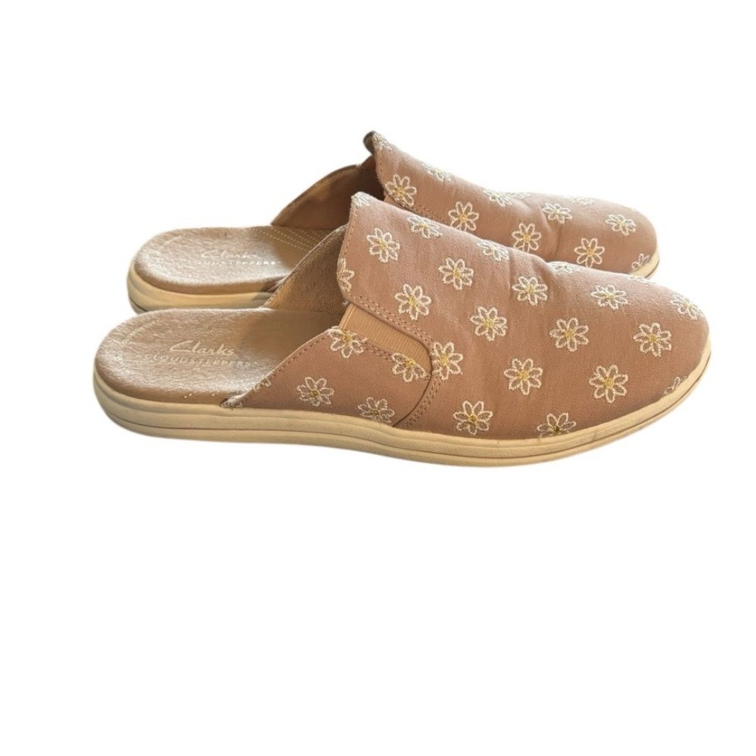 Clarks Cloudstepper Breeze Shore Mule Shoe Sz 10M Floral Taupe Combi Canvas