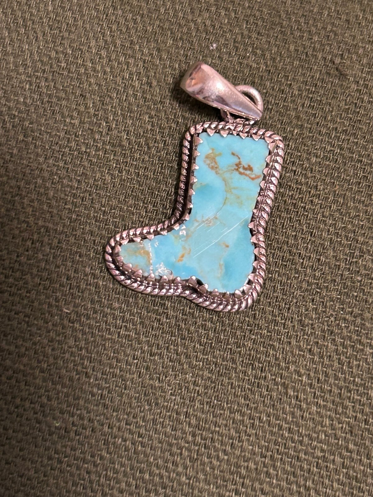 Sterling Silver 925 & Turquoise Cowboy Boot Pendant With Sterling Silver925 Ring