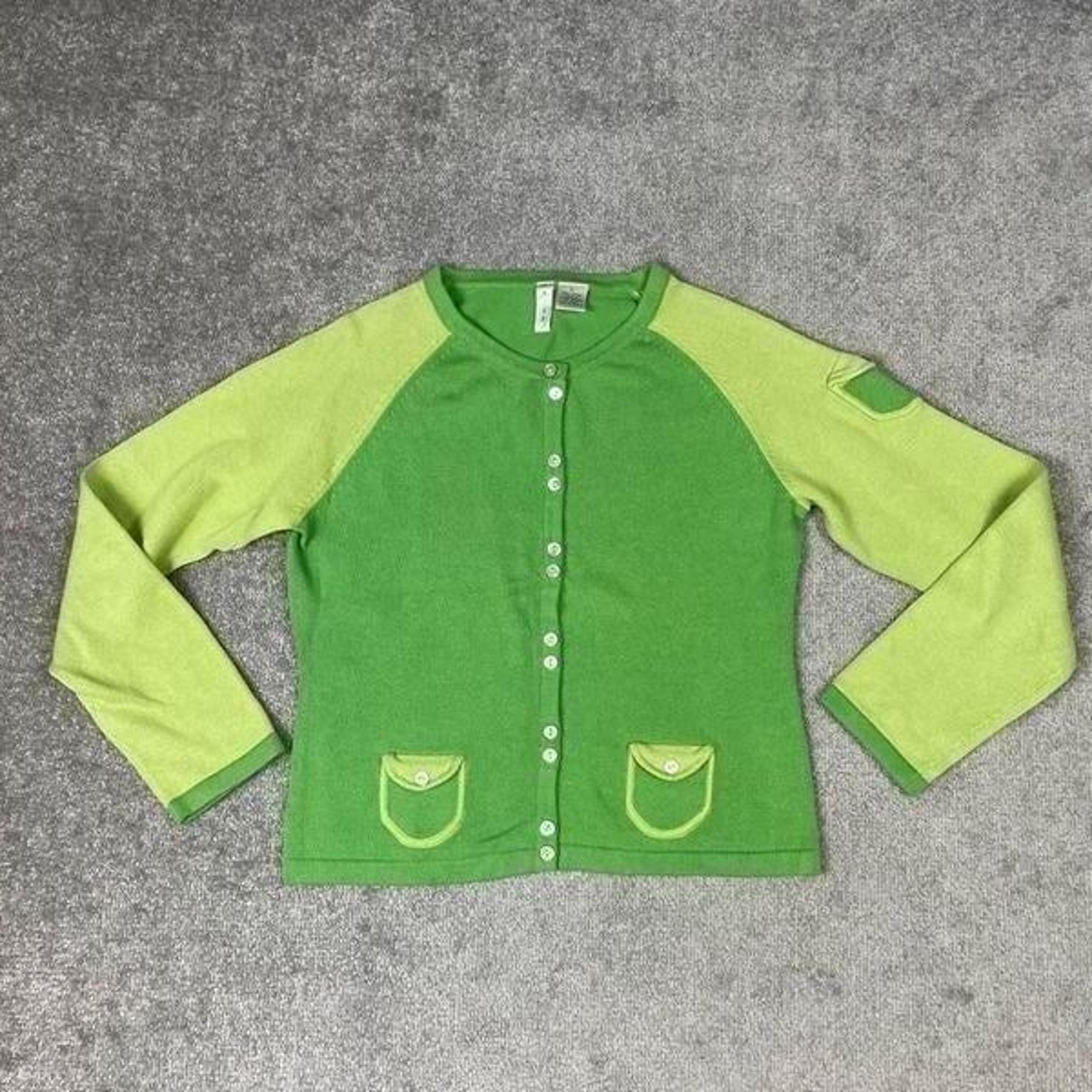 Vintage Twiggy Women’s XL Green Yellow Long Sleeve Button Down Cardigan Sweater