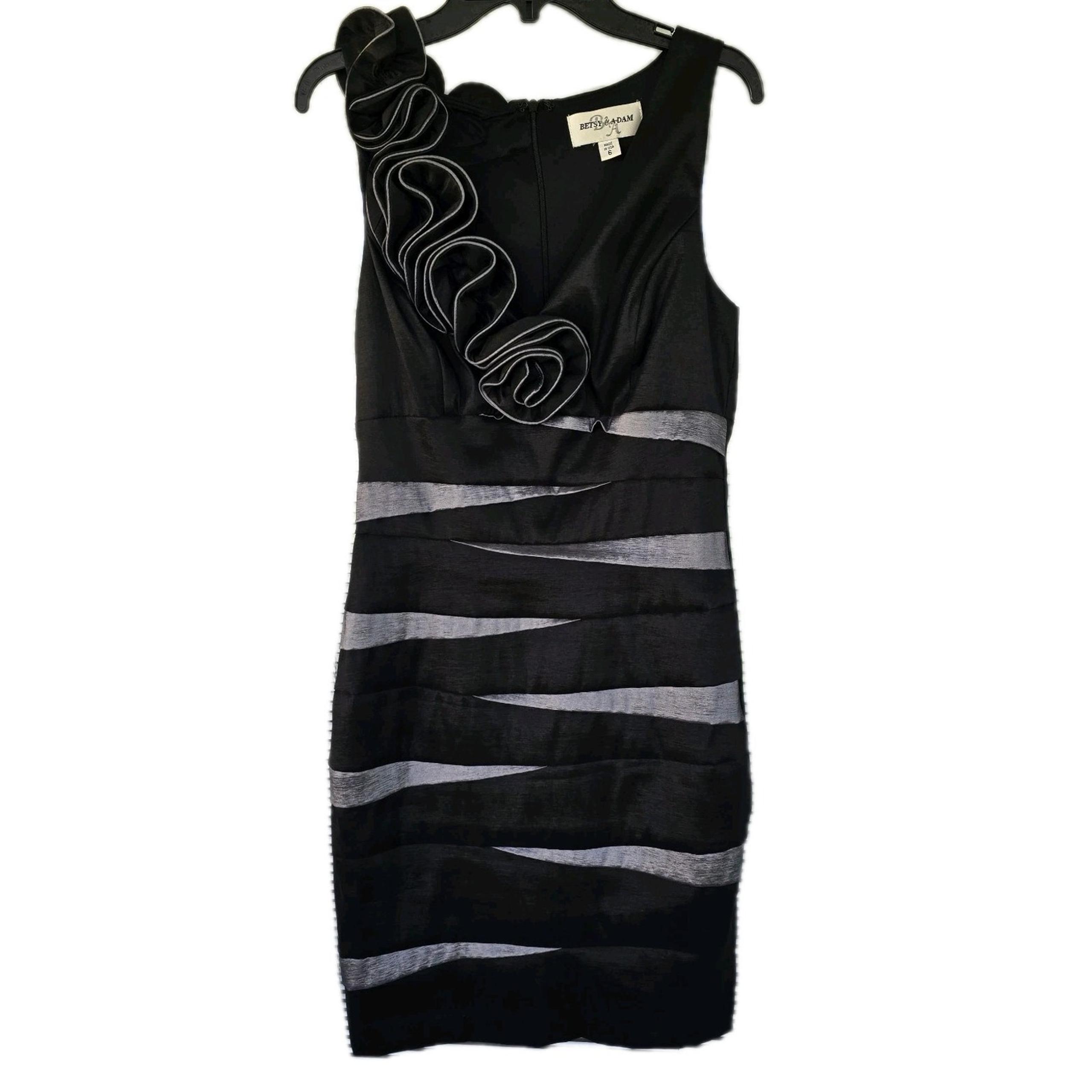 Betsy & Adam Black Satin Cocktail Dress with Ruffle Accent Sleevess Size 6