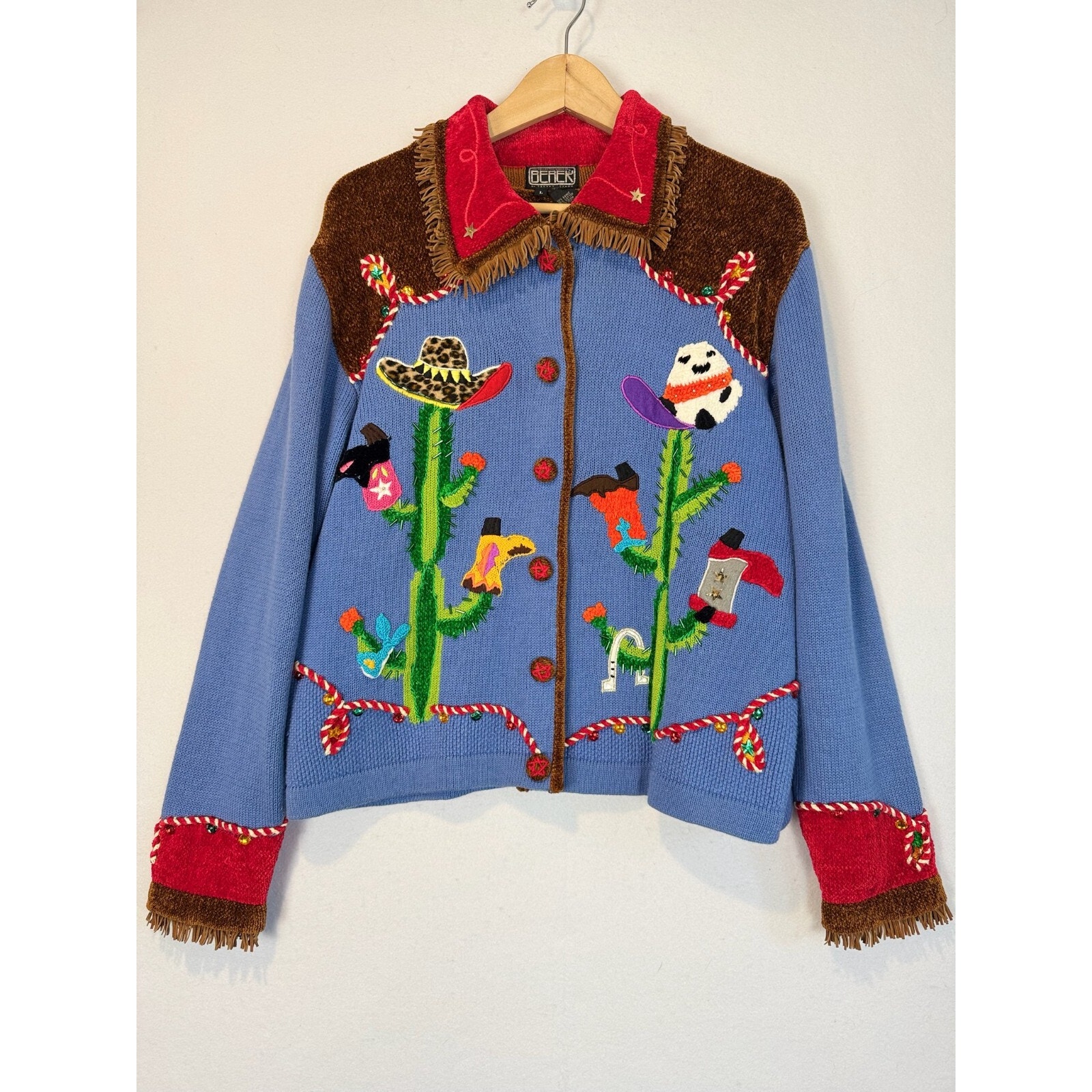 Vintage Berek Western Cowboy Cardigan Size L Christmas Cactus Takako Sakon Ramie