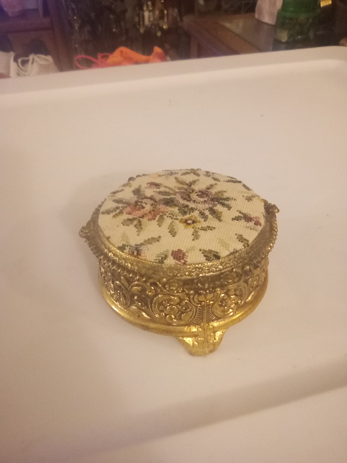 Vintage metal box, petite gold tone ornate filigree floral trinket box