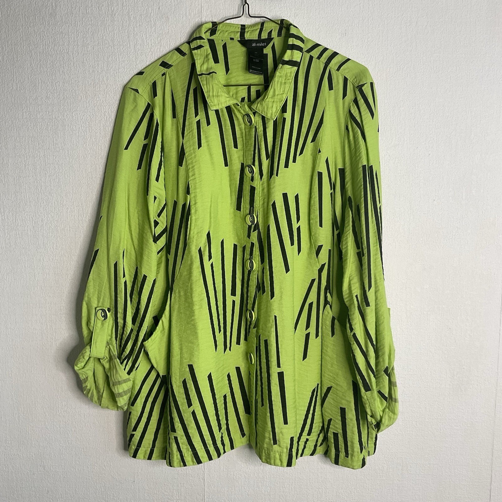 Ali Miles Shirt Women 0X Bright Green Wire Collar Abstract Stripe Art to Wear