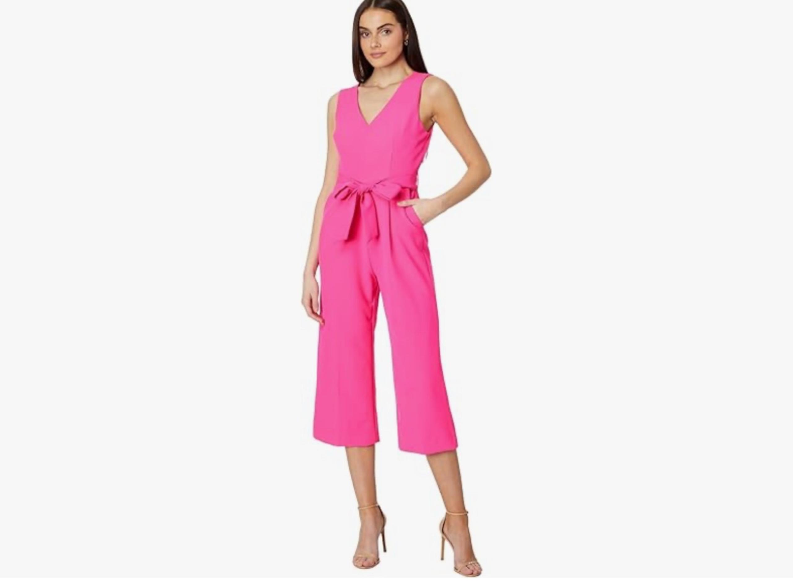NWT Vince Camuto womens V Neck Jumpsuit With Tie Belt Hot Pink Size 12.