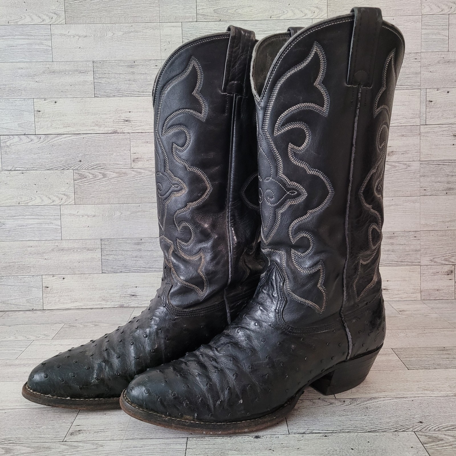 Men's Vintage Larry Mahan Western Black Ostrich Leather Cowboy Boots Size 8.5 D