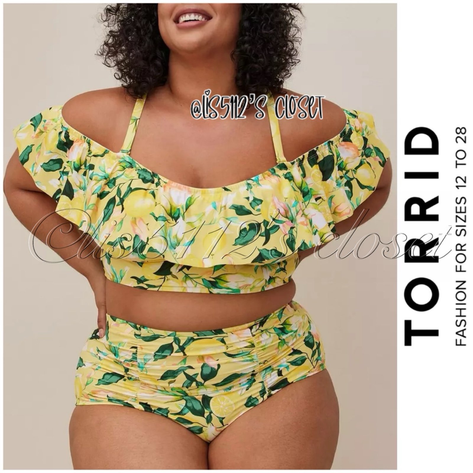 Torrid Lemon Leaves Cold Shoulder Ruffle Bikini Top & Bottoms Swimsuit SET 1X 2X